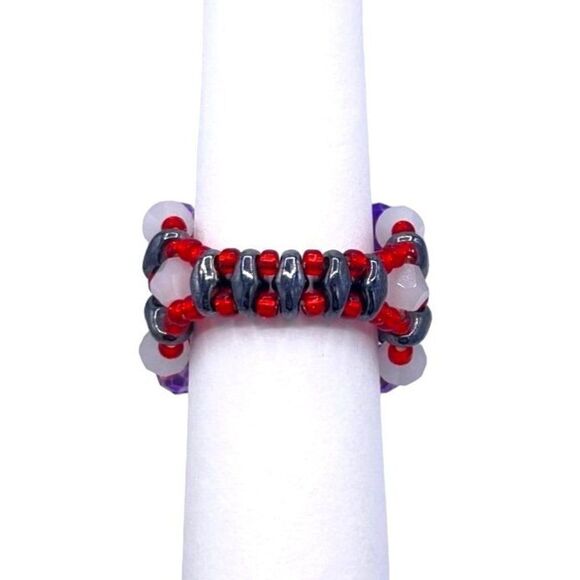 Hematite Black with Amethyst and Ruby Crystal Beaded Statement Ring Size 7 - Picture 4 of 8